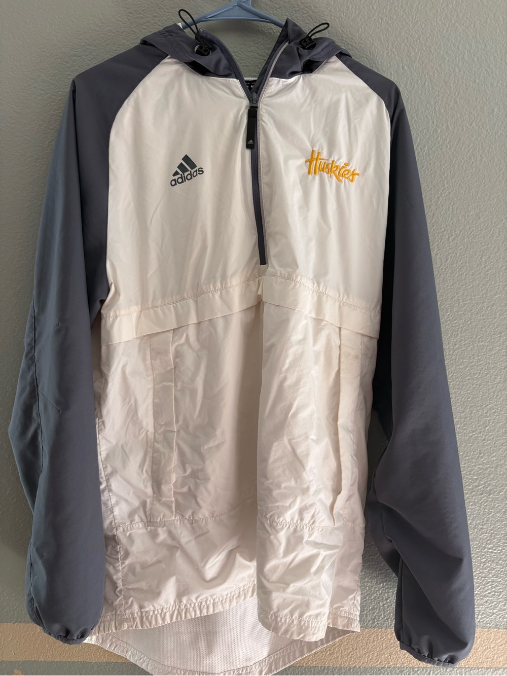 adidas Adult Huskies Hooded Windbreaker Jacket - White & Gray with Yellow Accent